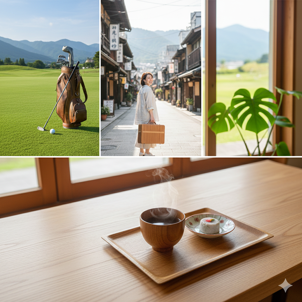 ​おおい整体院のお客様の不調を克服した喜びを象徴するイメージ。ゴルフ、旅行、温かいお茶で一息つく様子。