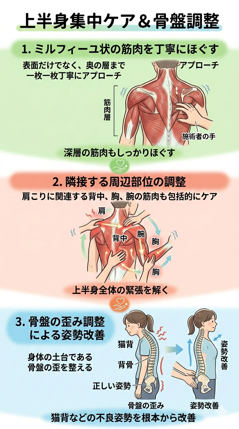 ​「上半身集中ケア＆骨盤調整」の施術工程を3ステップで説明する図解。 ​ミルフィーユ状の筋肉を丁寧にほぐす: 背中側の筋肉層の奥深くまで指が届き、深層筋をほぐしているイラスト。 ​隣接する周辺部位の調整: 肩だけでなく、連動する背中・胸・腕の筋肉を包括的にケアしている上半身の図解。 ​骨盤の歪み調整による姿勢改善: 猫背の状態から、骨盤を整えることで背筋が伸びた正しい姿勢に変わるBefore/Afterの比較イラスト。 ​全体として、各工程が縦に並び、施術によって上半身の緊張が解け、姿勢が根本から改善する流れを表しています。