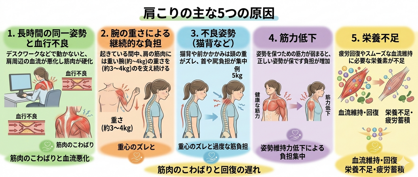 ​「肩こりの主な5つの原因を解説する図解。1.長時間の同一姿勢と血行不良、2.腕の重さによる継続的な負担、3.猫背などの不良姿勢、4.筋力低下による姿勢維持力の不足、5.栄養不足による疲労蓄積の5項目について、イラストと共に説明しています。」