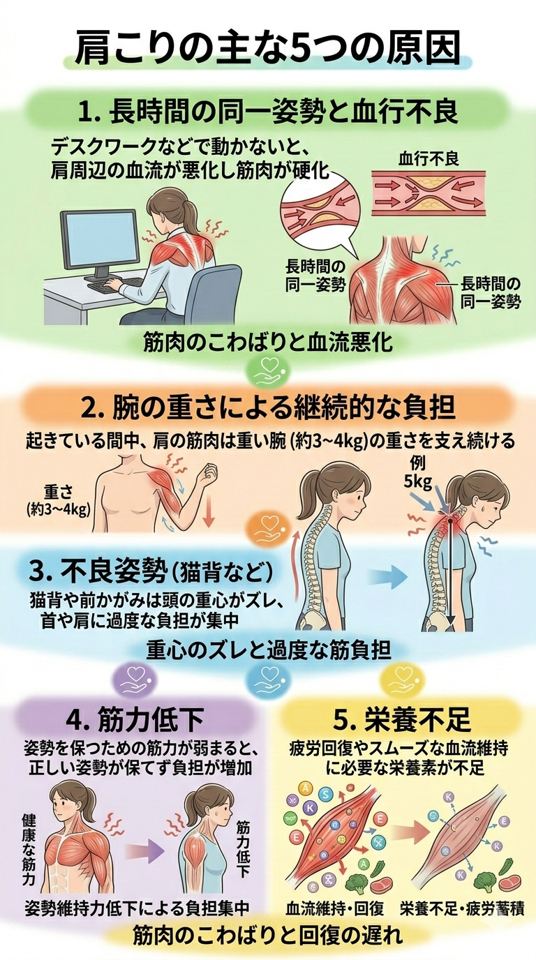 ​「肩こりの主な5つの原因を解説する図解。1.長時間の同一姿勢と血行不良、2.腕の重さによる継続的な負担、3.猫背などの不良姿勢、4.筋力低下による姿勢維持力の不足、5.栄養不足による疲労蓄積の5項目について、イラストと共に説明しています。」