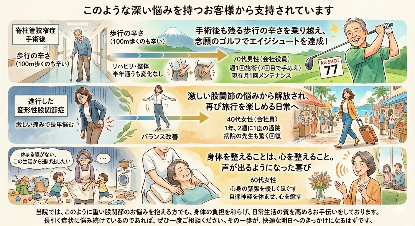 「重い症状から回復した3名の事例を紹介するイラスト。上段は脊柱管狭窄症で歩行困難だった70代男性が、施術を経て念願のゴルフでエイジシュートを達成した姿。中段は変形性股関節症に悩む40代女性が、痛みを克服し旅行を楽しめるまで回復した様子。下段は育児や家事で心身ともに疲弊していた60代女性が、施術により心身の緊張が解け、笑顔を取り戻したエピソード。下部には、重い股関節の悩みや長引く症状に寄り添い、日常生活の質を高めるサポートをするという当院のメッセージが添えられています。」