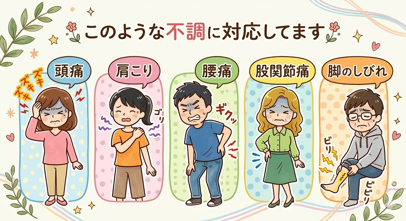 ​「このような不調に対応してます」という見出しの下に、5種類の体の不調（頭痛、肩こり、腰痛、股関節痛、脚のしびれ）を抱えた人たちのイラストと解説テキストが、縦に5段に並んだスマートフォン用デザイン。背景はクリーム色で、植物やハートのイラストが描かれている。