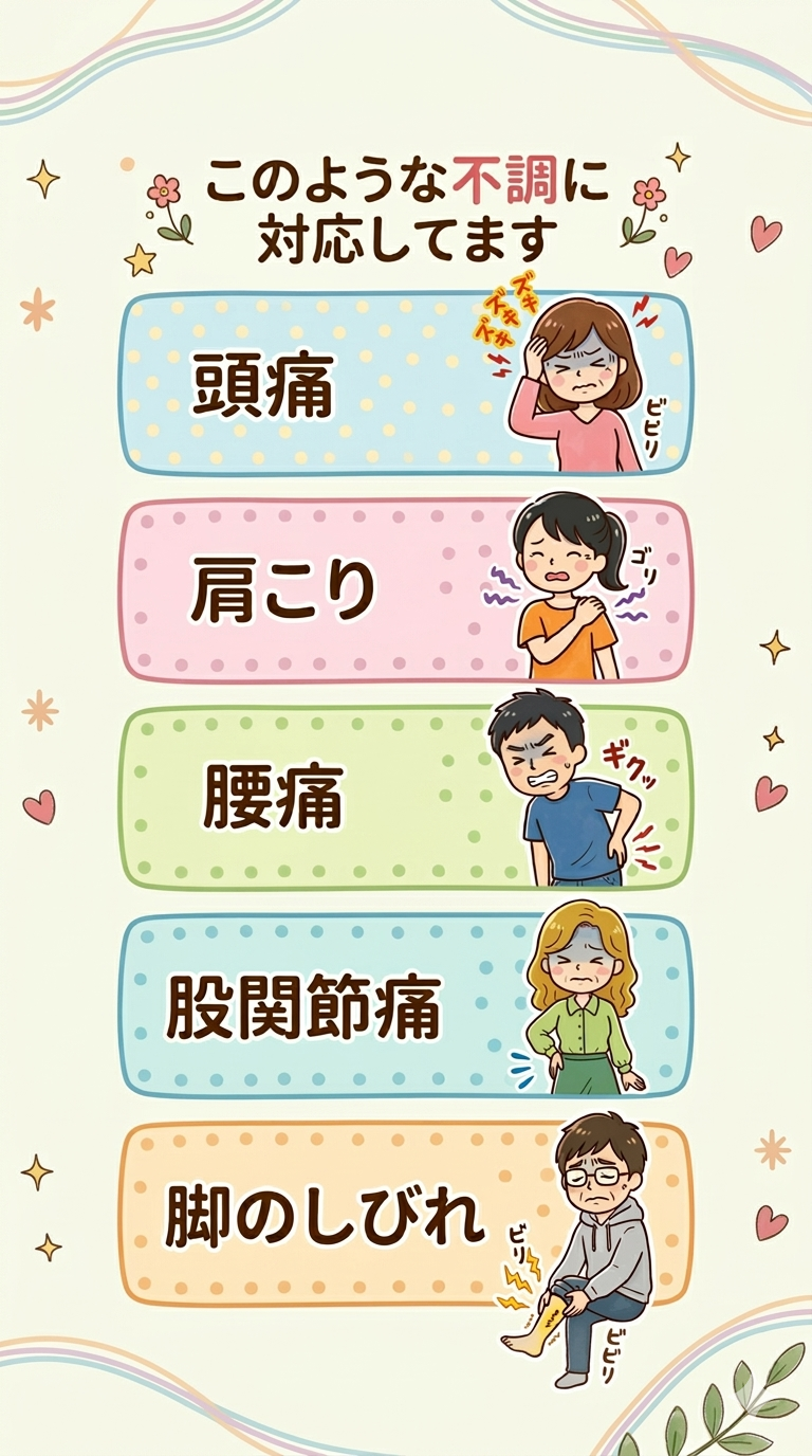 ​「このような不調に対応してます」という見出しの下に、5種類の体の不調（頭痛、肩こり、腰痛、股関節痛、脚のしびれ）を抱えた人たちのイラストと解説テキストが、縦に5段に並んだスマートフォン用デザイン。背景はクリーム色で、植物やハートのイラストが描かれている。