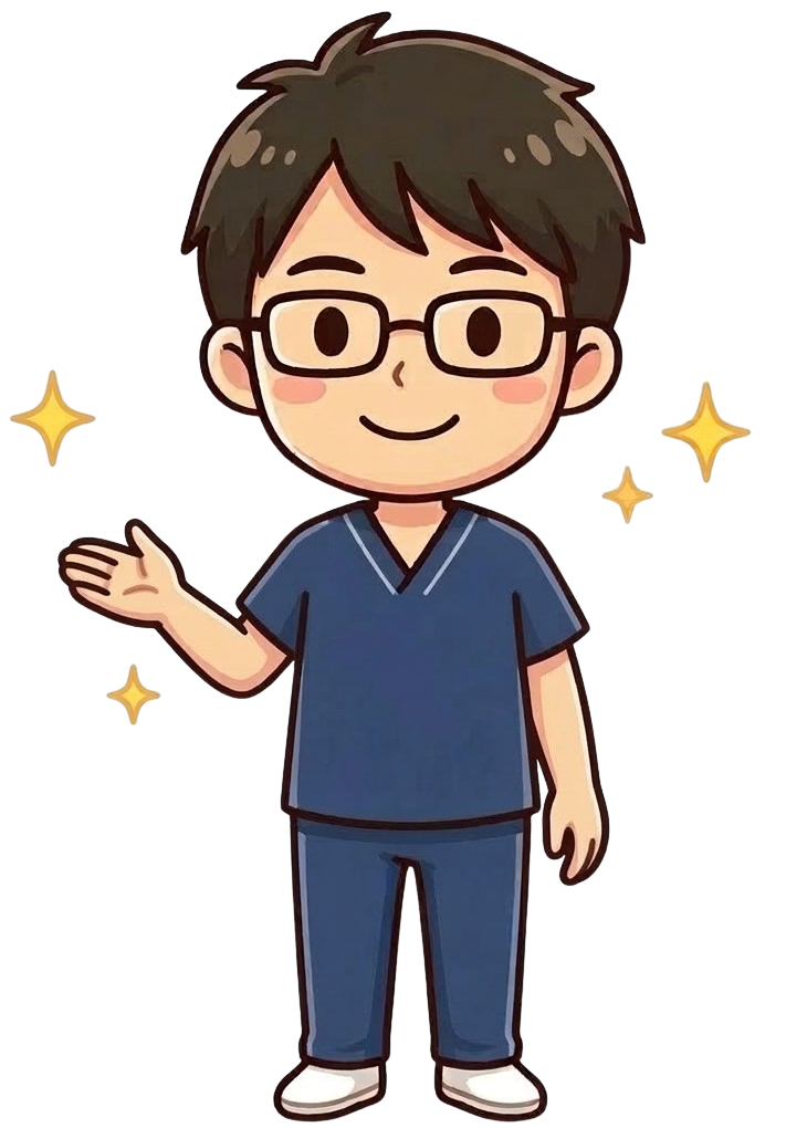 笑顔で案内をするおおい整体院の院長のイラスト