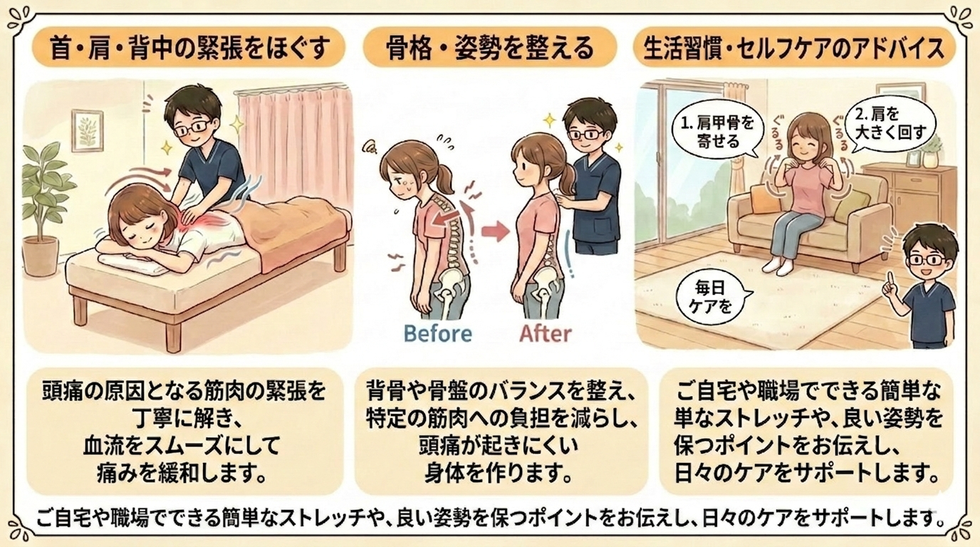 「頭痛改善のための施術とケアを説明するインフォグラフィック。首・肩・背中の緊張緩和、骨格・姿勢の調整（Before/After比較）、生活習慣・セルフケア（ストレッチなど）の3つのアプローチを、イラストとテキストで紹介しています。」