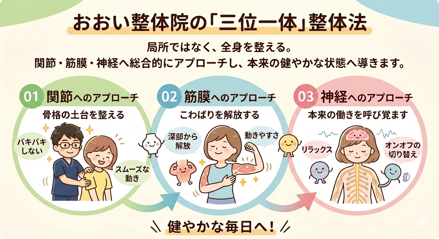おおい整体院の「三位一体」整体法。関節・筋膜・神経へ総合的にアプローチし全身を整えます