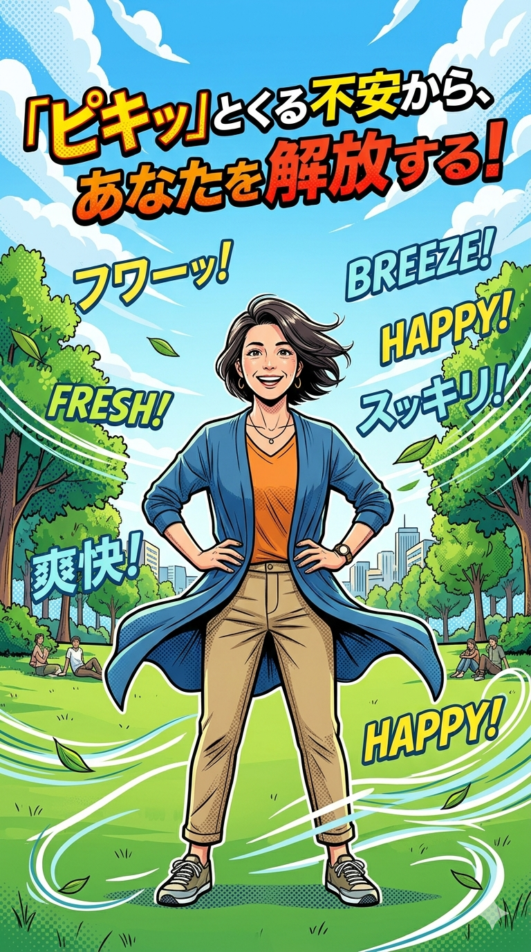 「『ピキッ』とくる不安から、あなたを解放する！」というメッセージと、公園で爽やかな笑顔を見せる女性のイラスト