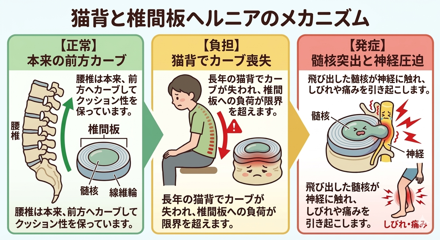 猫背と椎間板ヘルニアのメカニズムを解説するイラスト図。正常、負担、発症の3つの段階を色分けして説明