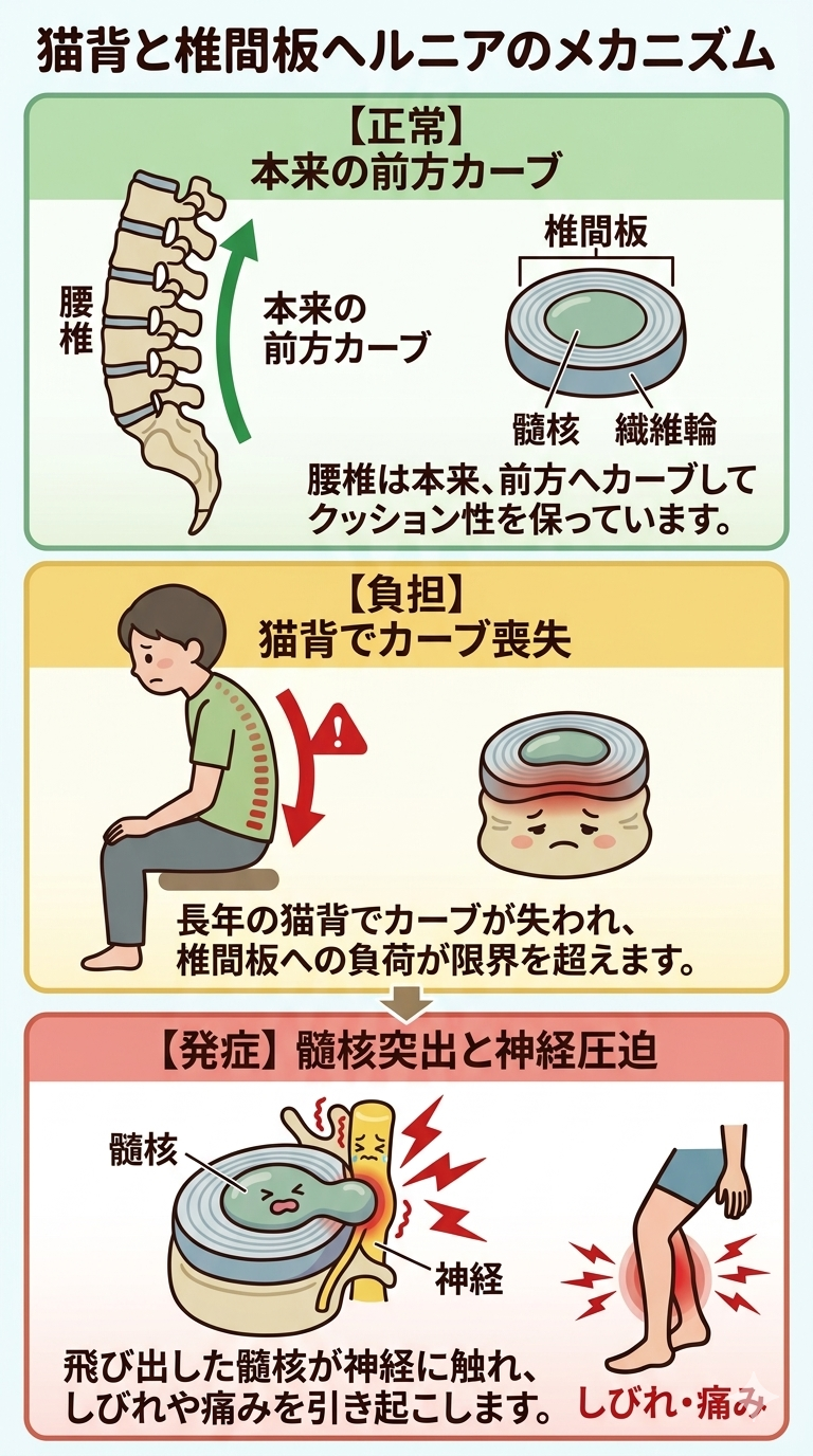 猫背と椎間板ヘルニアのメカニズムを解説するイラスト図。正常、負担、発症の3つの段階を色分けして説明