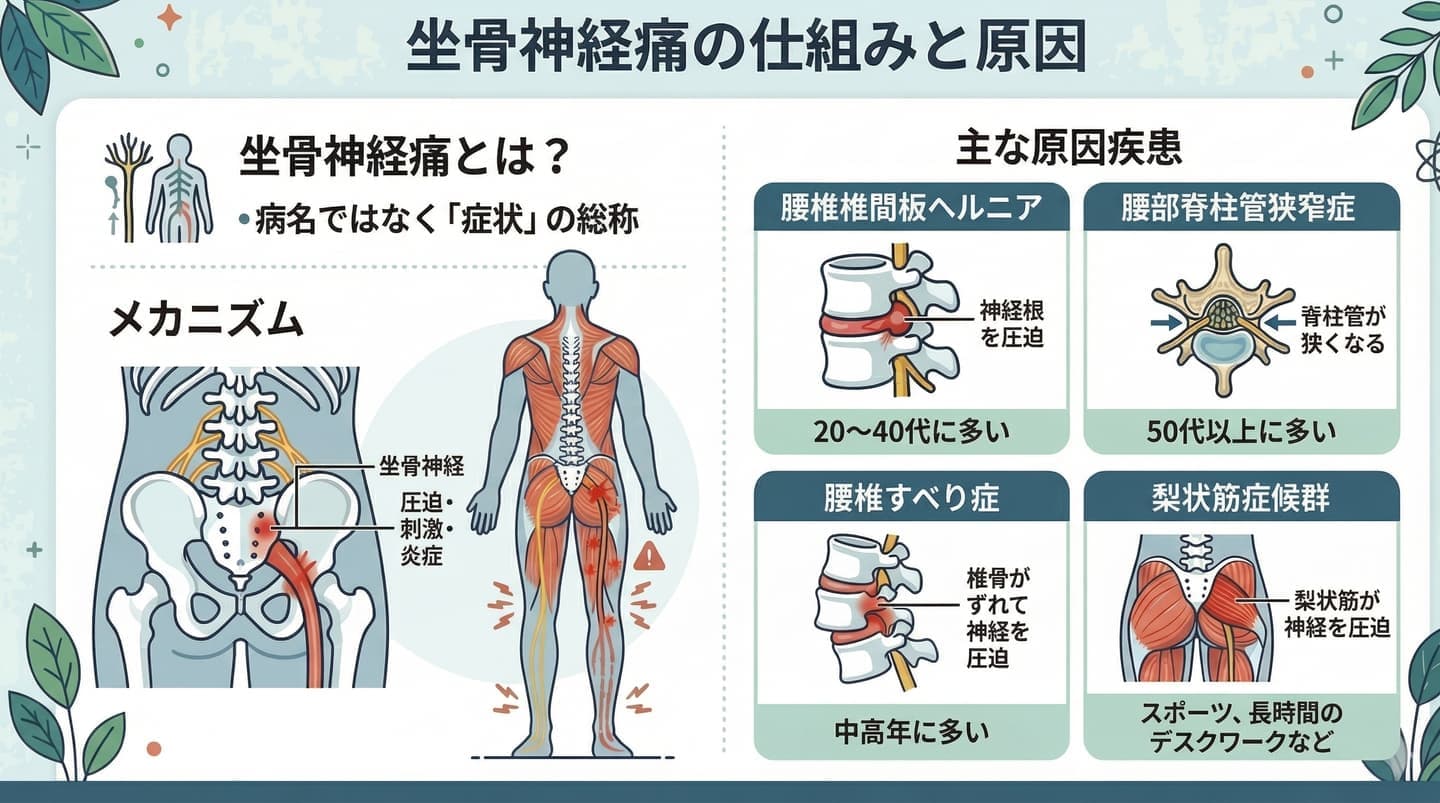 坐骨神経痛の原因と症状を図解で解説したインフォグラフィック。腰椎椎間板ヘルニア、腰部脊柱管狭窄症、腰椎すべり症、梨状筋症候群を紹介