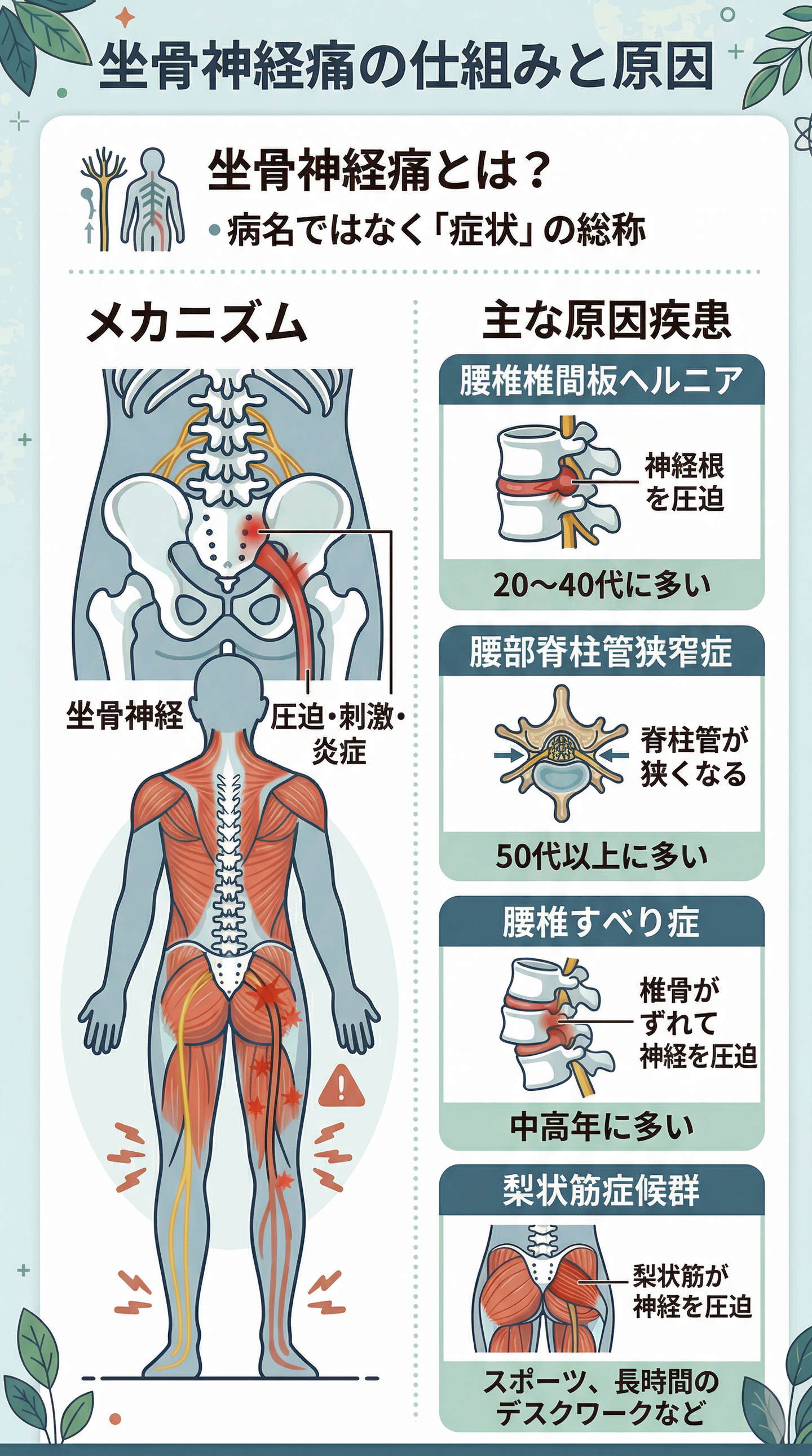 坐骨神経痛の原因と症状を図解で解説したインフォグラフィック。腰椎椎間板ヘルニア、腰部脊柱管狭窄症、腰椎すべり症、梨状筋症候群を紹介