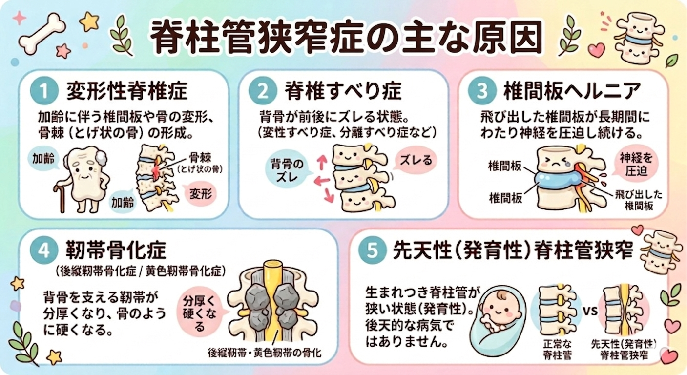 脊柱管狭窄症の5つの主な原因（変形性脊椎症、脊椎すべり症、椎間板ヘルニア、靭帯骨化症、先天性）の図解