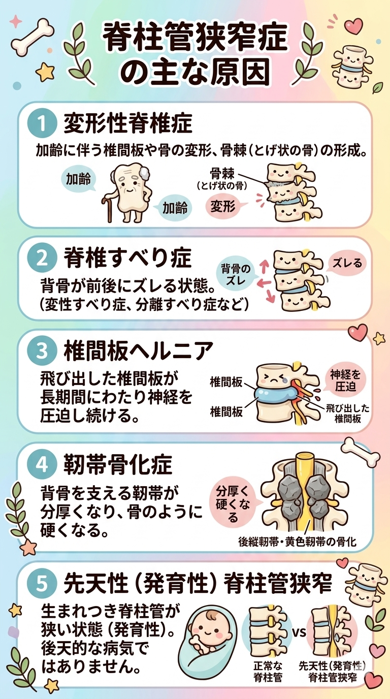 脊柱管狭窄症の5つの主な原因（変形性脊椎症、脊椎すべり症、椎間板ヘルニア、靭帯骨化症、先天性）の図解