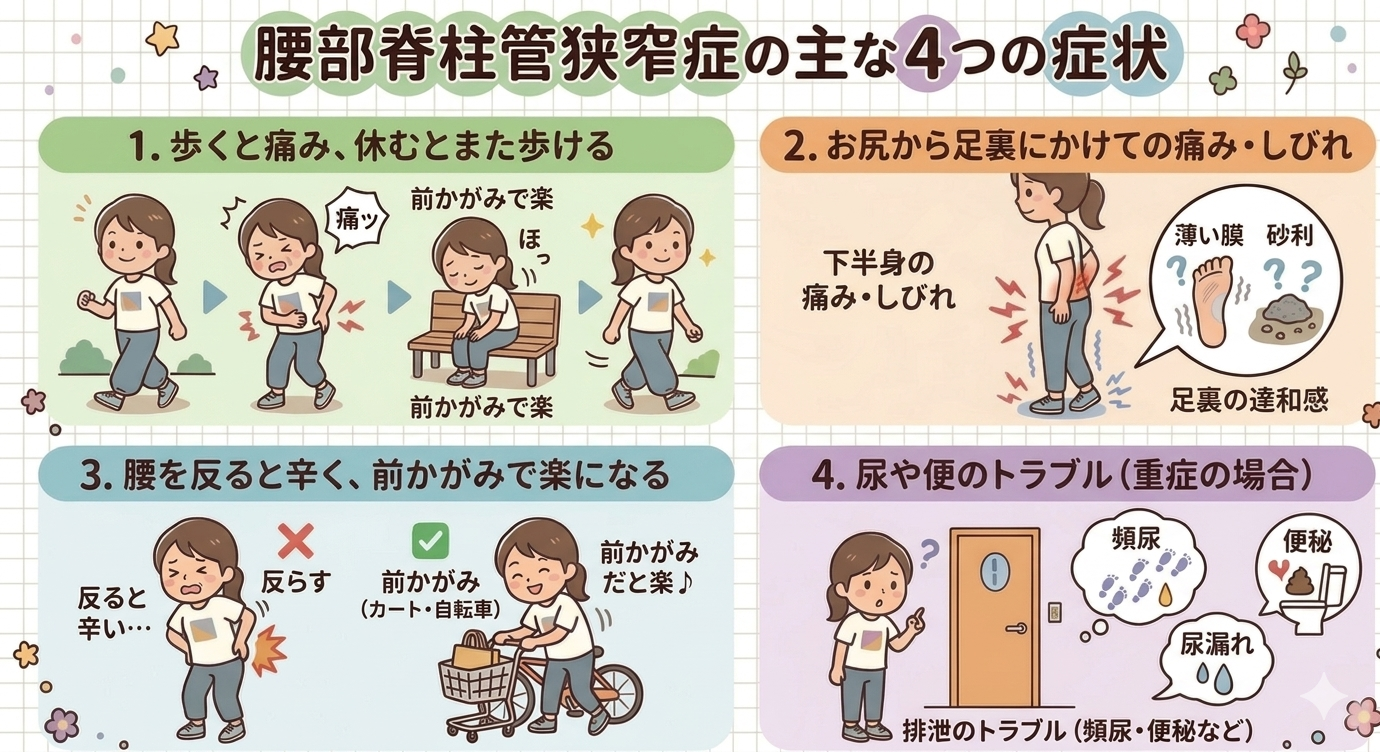 腰部脊柱管狭窄症の主な4つの症状（歩行時の痛み、下半身のしびれ、腰を反ると辛い、排泄トラブル）の解説イラスト