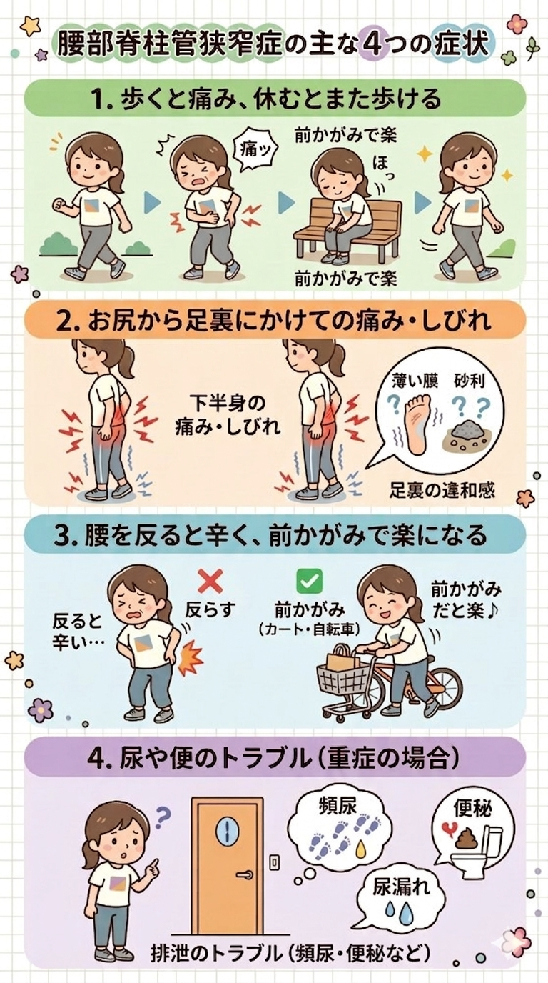 腰部脊柱管狭窄症の主な4つの症状（歩行時の痛み、下半身のしびれ、腰を反ると辛い、排泄トラブル）の解説イラスト