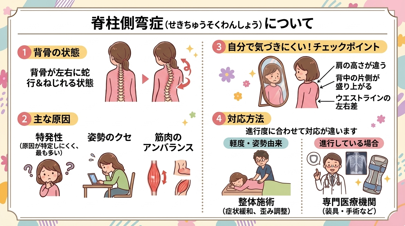脊柱側弯症（せきちゅうそくわんしょう）の解説図。背骨の状態、原因、チェックポイント、進行度に合わせた対応方法（整体施術・専門医療機関）をまとめています。