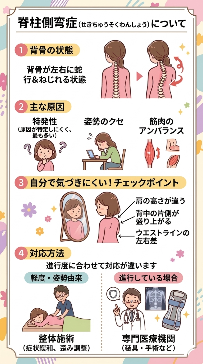脊柱側弯症（せきちゅうそくわんしょう）の解説図。背骨の状態、原因、チェックポイント、進行度に合わせた対応方法（整体施術・専門医療機関）をまとめています。