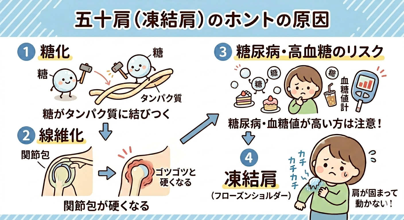​五十肩（凍結肩）の本当の原因である糖化と線維化のメカニズムを解説したイラスト