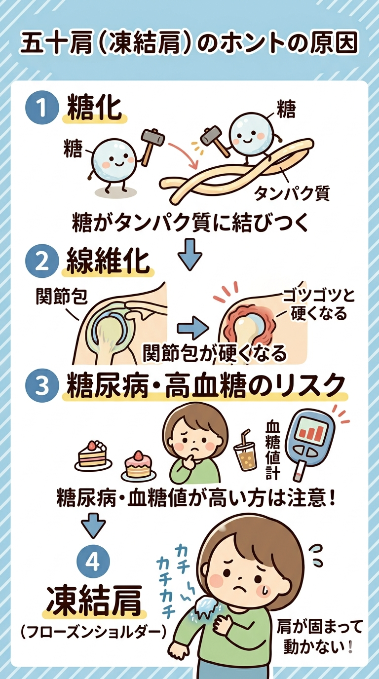 ​五十肩（凍結肩）の本当の原因である糖化と線維化のメカニズムを解説したイラスト