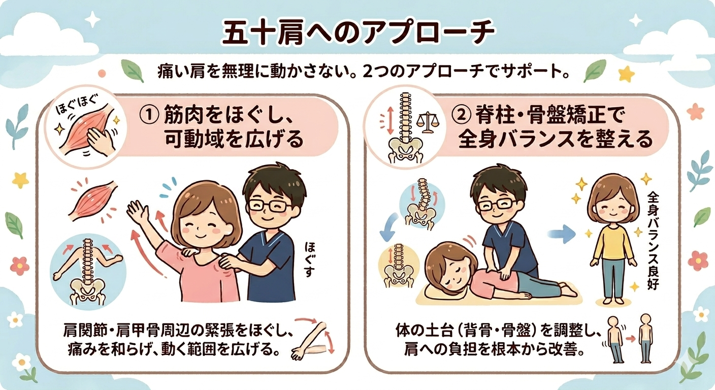 ​おおい整体院の五十肩へのアプローチ。筋肉をほぐして可動域を広げ、脊柱・骨盤矯正で全身バランスを整える施術方針の図解。