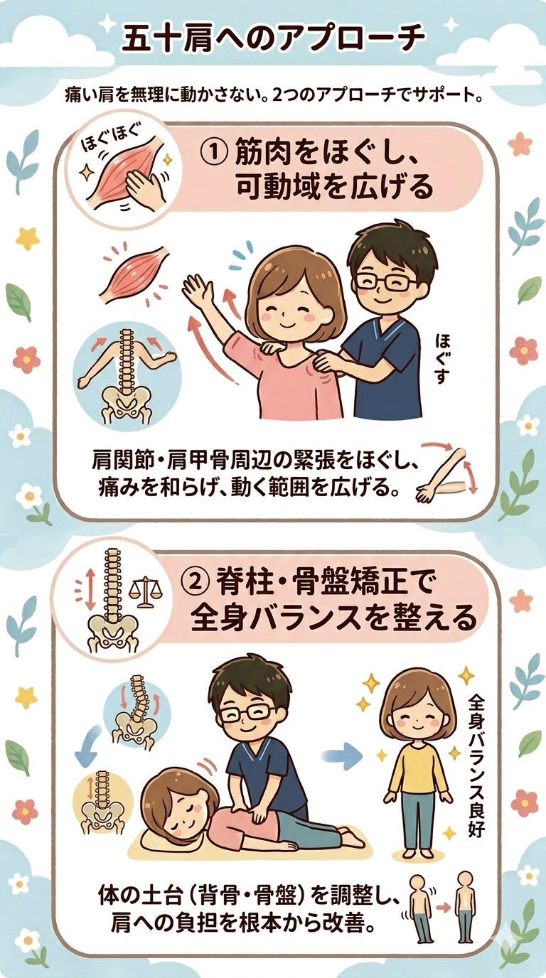 ​おおい整体院の五十肩へのアプローチ。筋肉をほぐして可動域を広げ、脊柱・骨盤矯正で全身バランスを整える施術方針の図解。