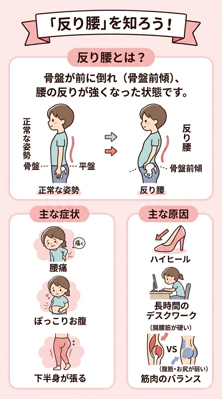 「反り腰を知ろう！」というタイトルの、反り腰に関する解説図。反り腰の定義、主な症状、主な原因をイラストとテキストでまとめています。