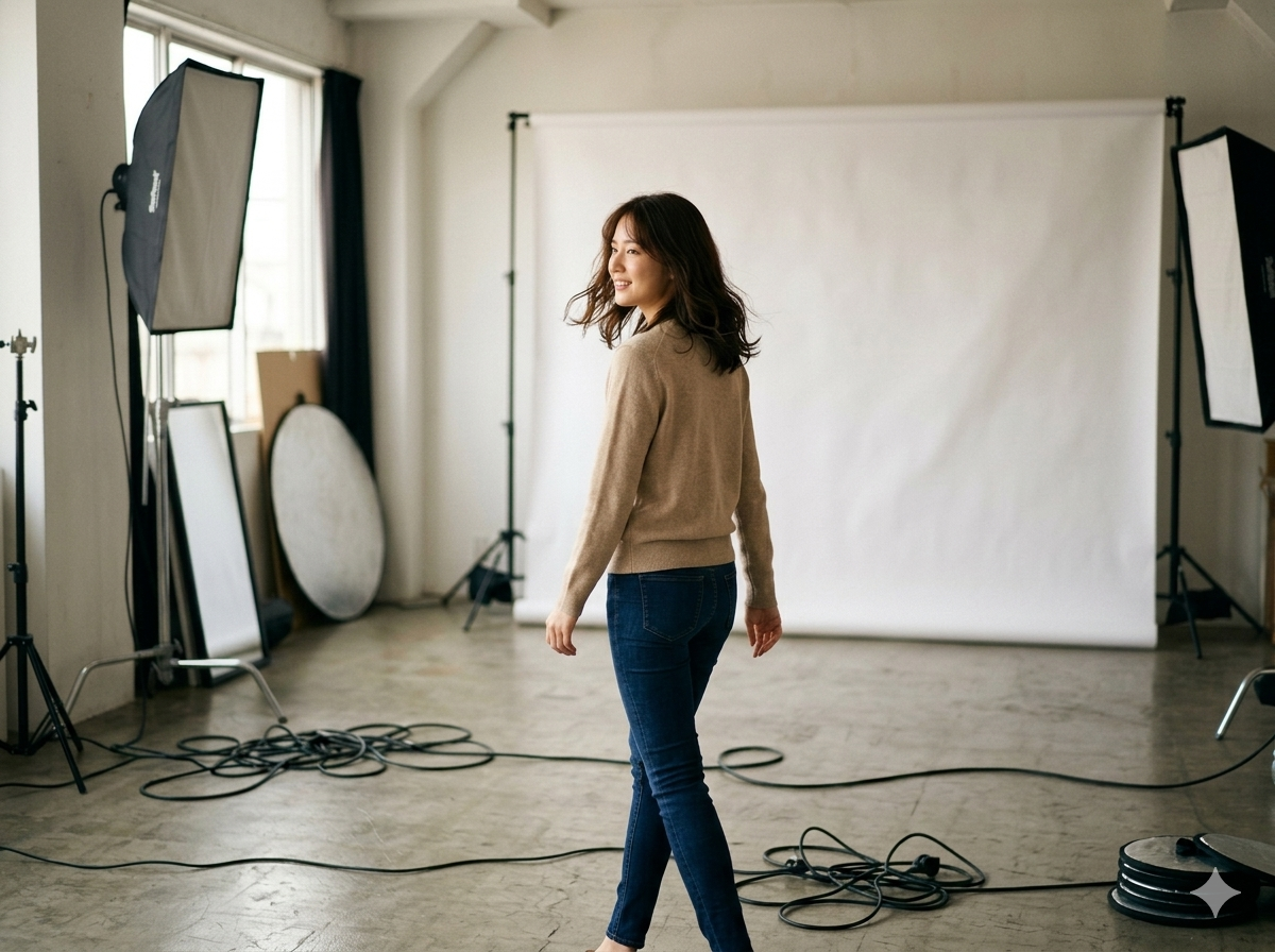 スタジオで反り腰の姿勢をチェックする女性