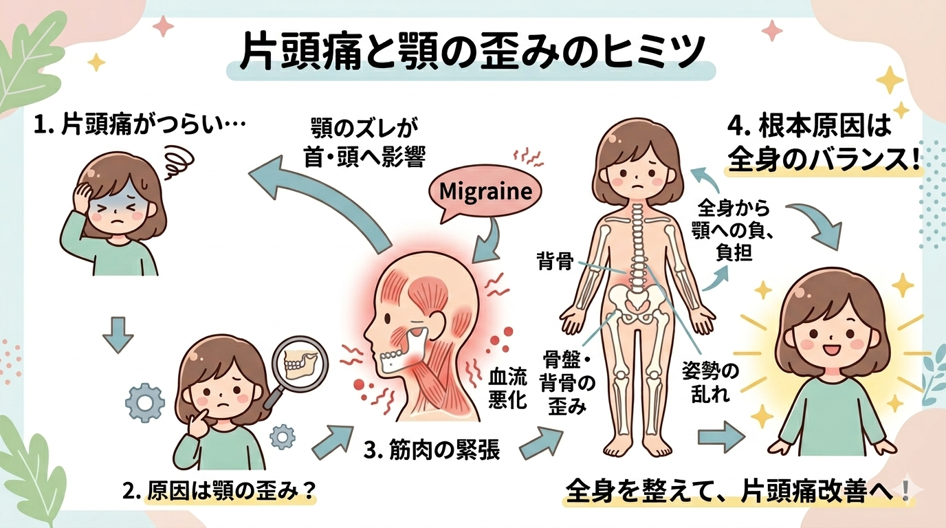 片頭痛と顎の歪みの関係と全身バランスによる改善を図解