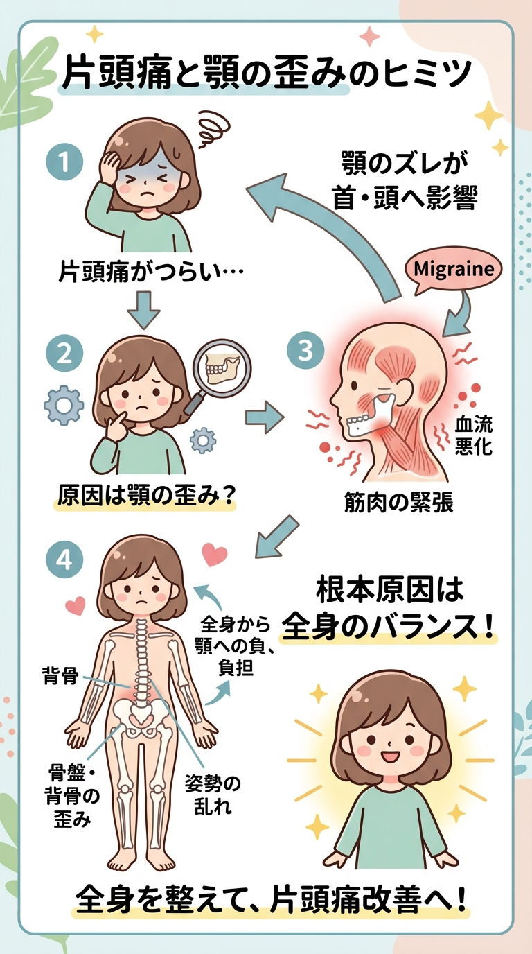 片頭痛と顎の歪みの関係と全身バランスによる改善を図解