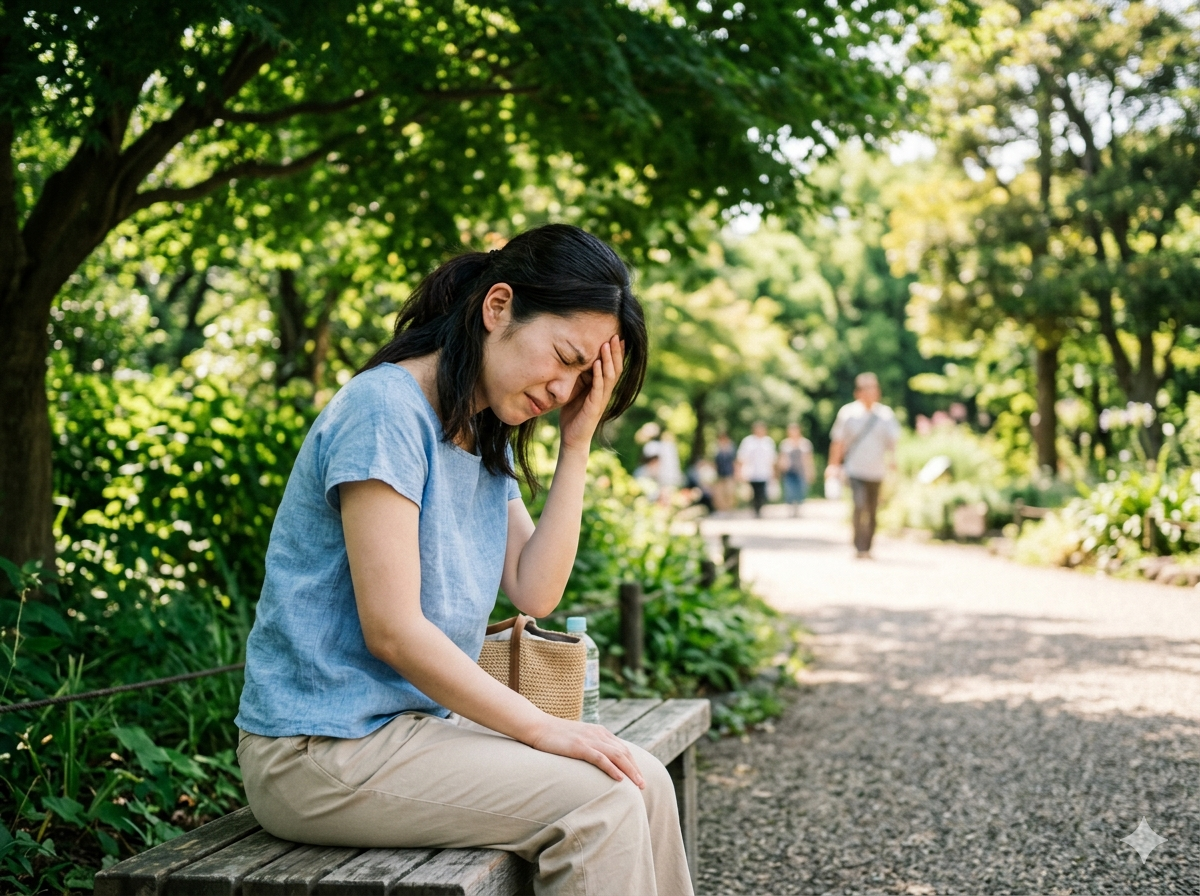 夏の公園で、ベンチに座り頭痛に苦しむ20代女性の写真