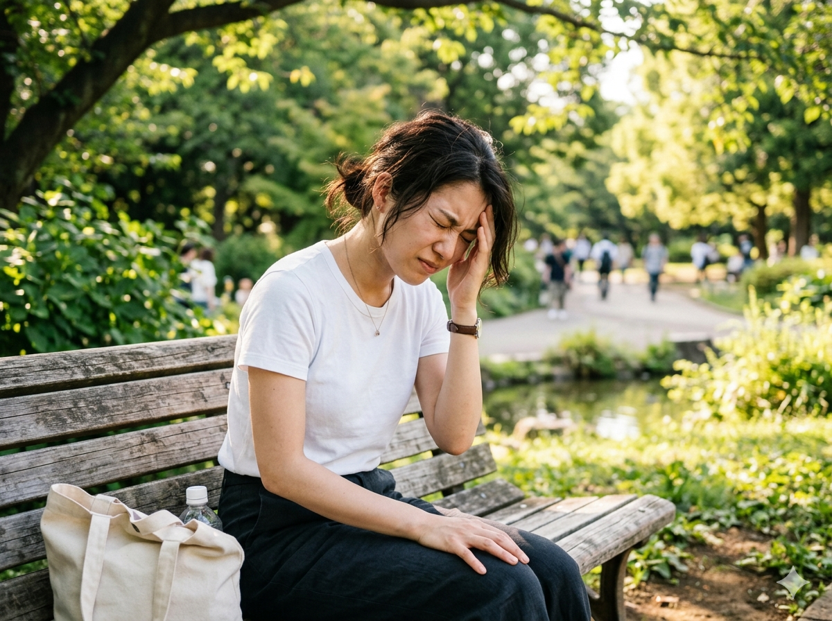 ​夏の公園で頭痛に悩む20代女性
