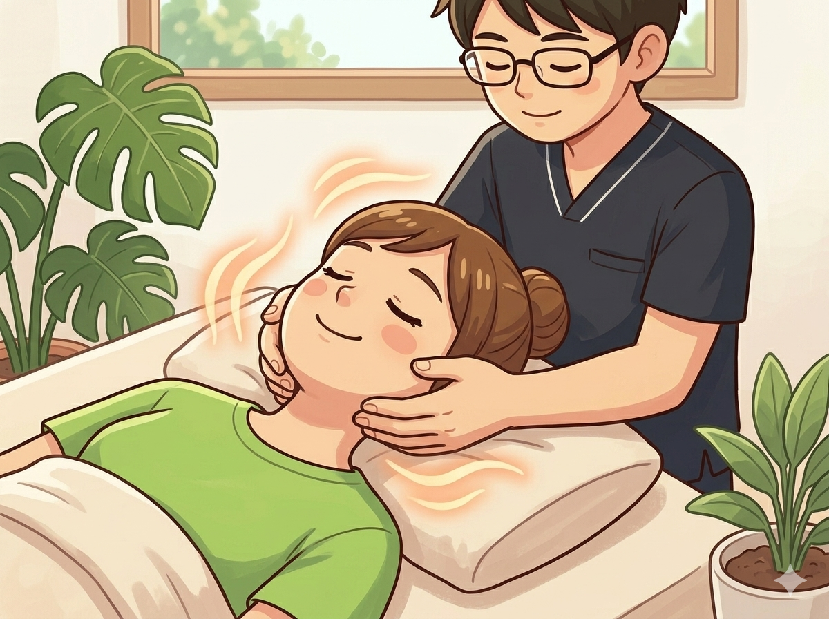 頸椎の施術風景、おおい整体院院長とお客様のイラスト