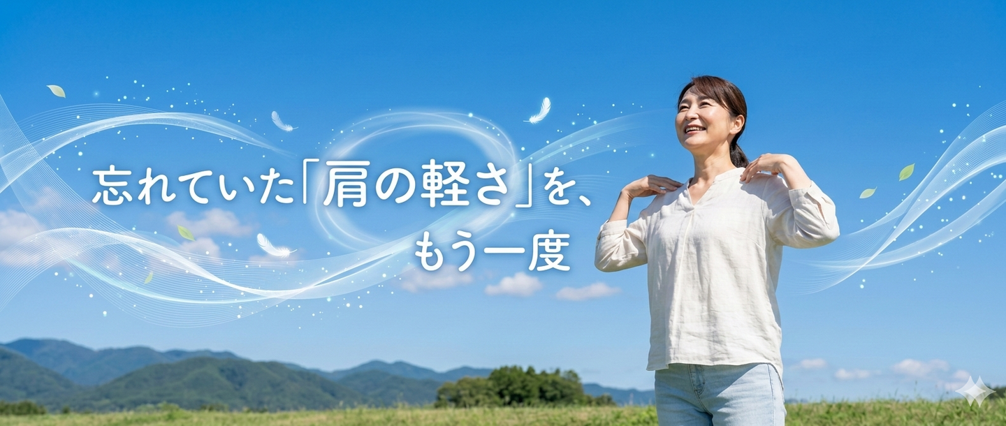 青空の下で笑顔の女性と、キャッチコピー『忘れていた「肩の軽さ」を、もう一度』。肩の痛み解消をイメージした整体院のファーストビュー画像。