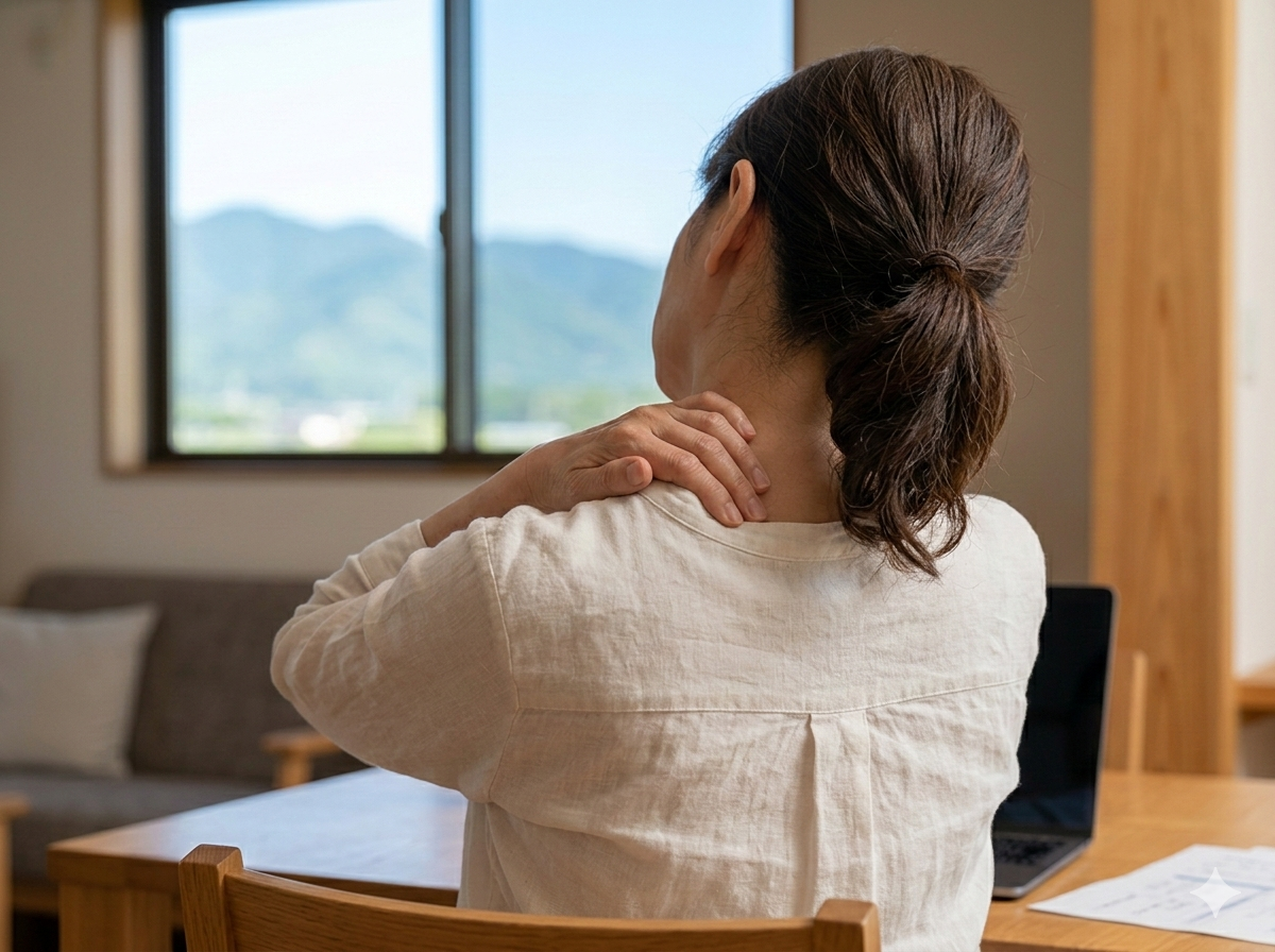「デスクワーク中に首や肩の痛みに悩む女性の後ろ姿。つらい肩の痛みの症状をイメージした画像。」