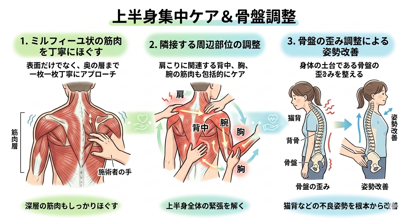 「​上半身集中ケア＆骨盤調整」の施術工程を3ステップで説明する図解。 ​
